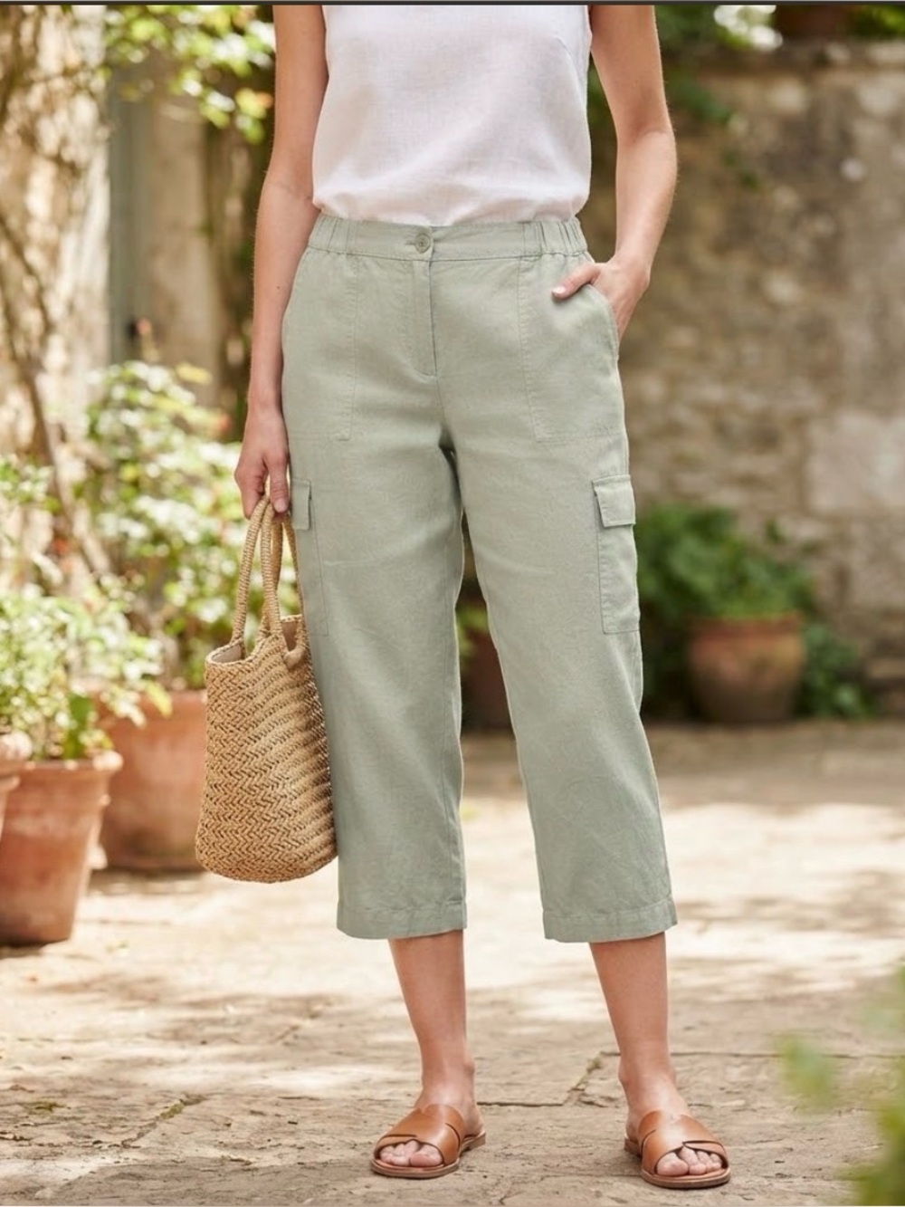 Talbots Sage Green Linen Cotton Cargo Crop Pants Women Size 14 Elastic Waist